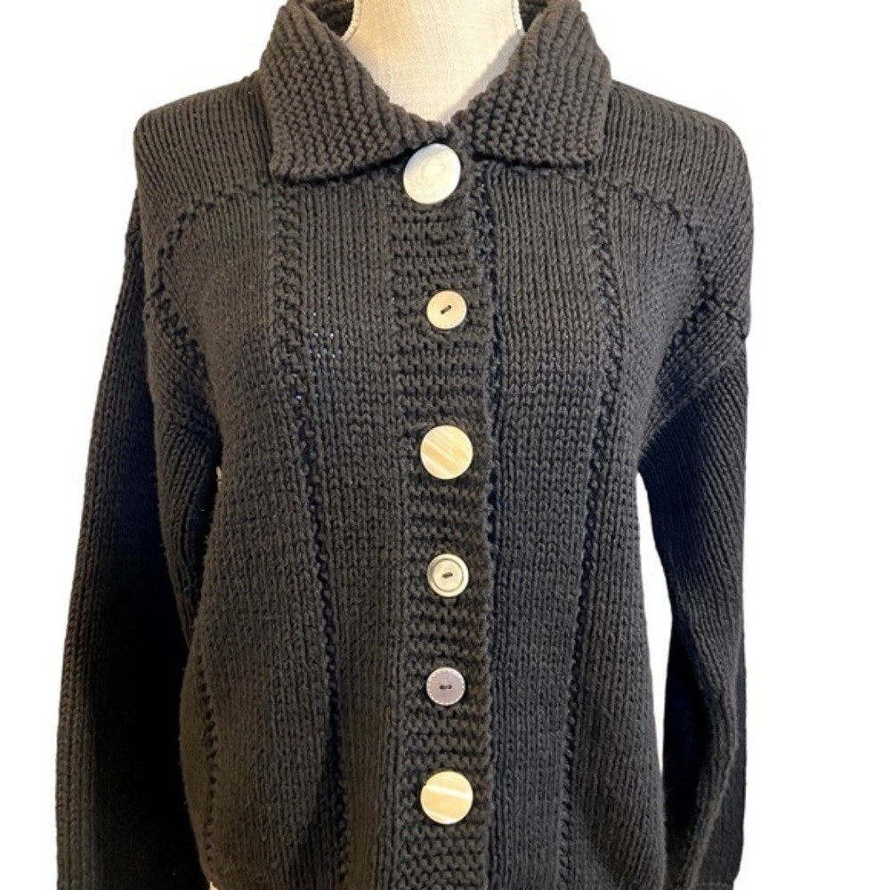 Pure Handknit black cable knit with unique different buttons , soft and warm S/M